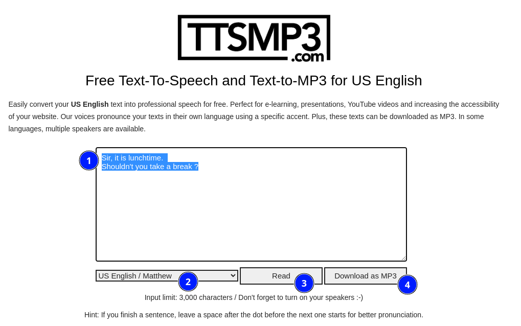 screenshot of ttsmp3.com website